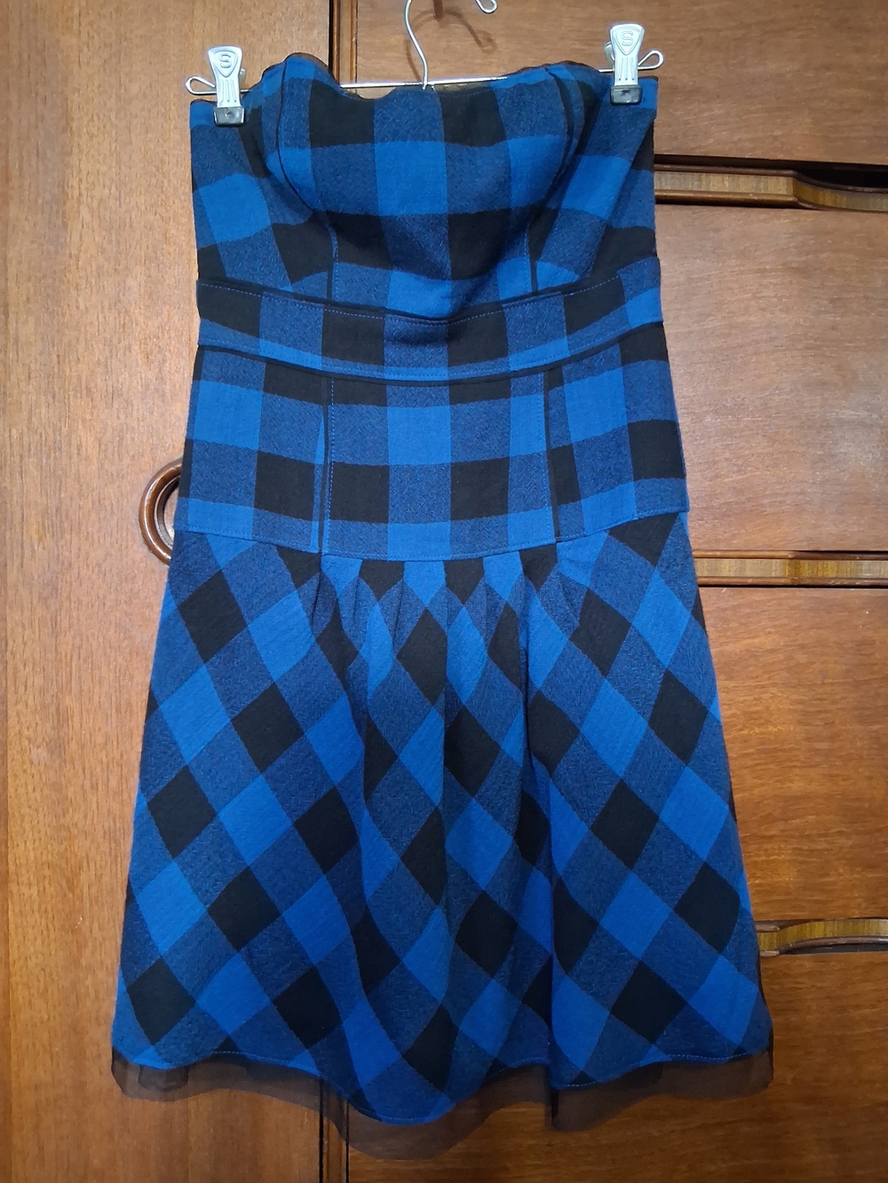 American Eagle Outfitters Strapless Black and Blue Plaid Dress